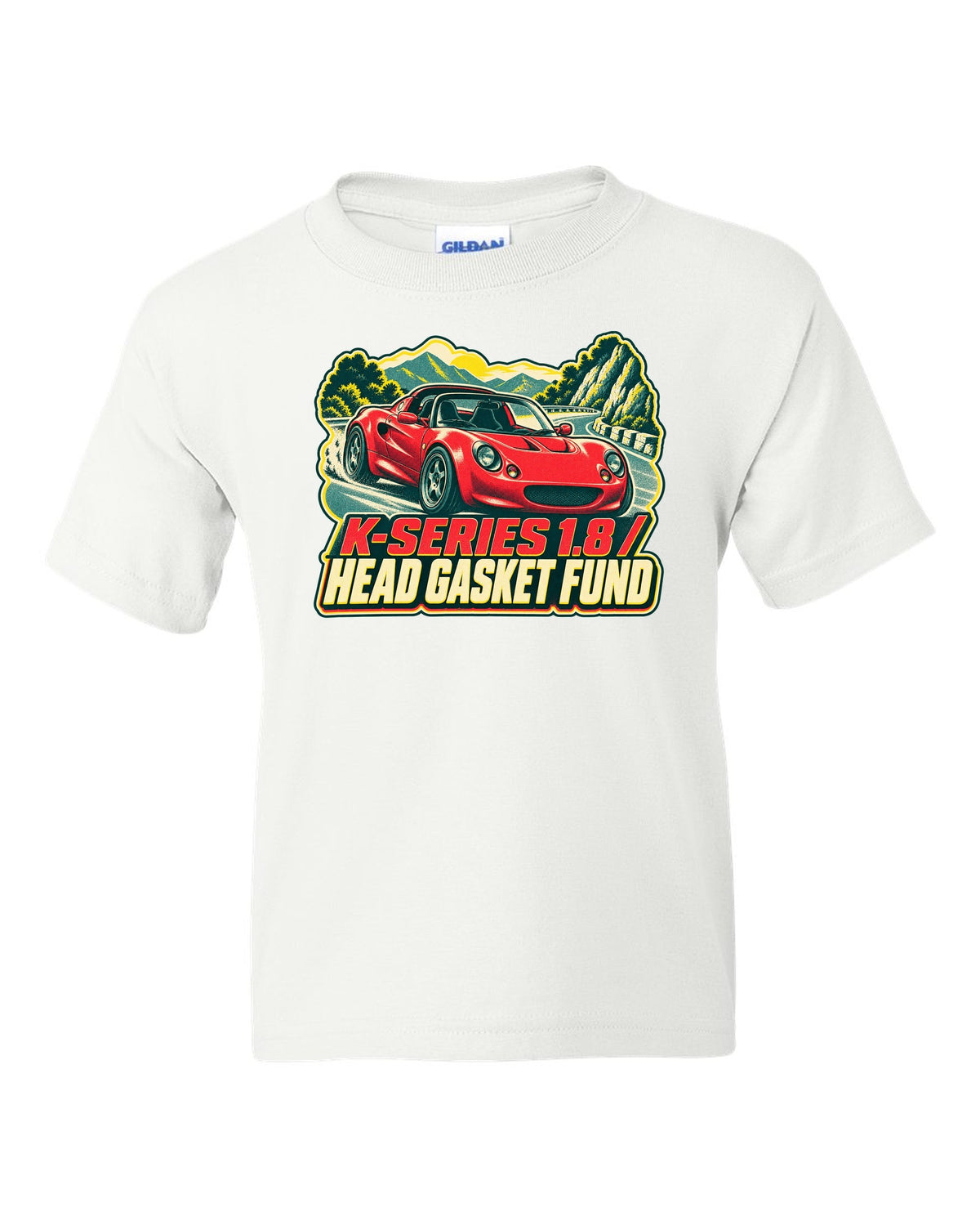 Lotus Elise S1 risograph print with K-Series 1.8 head gasket fund lettering white kids tee front view with the design