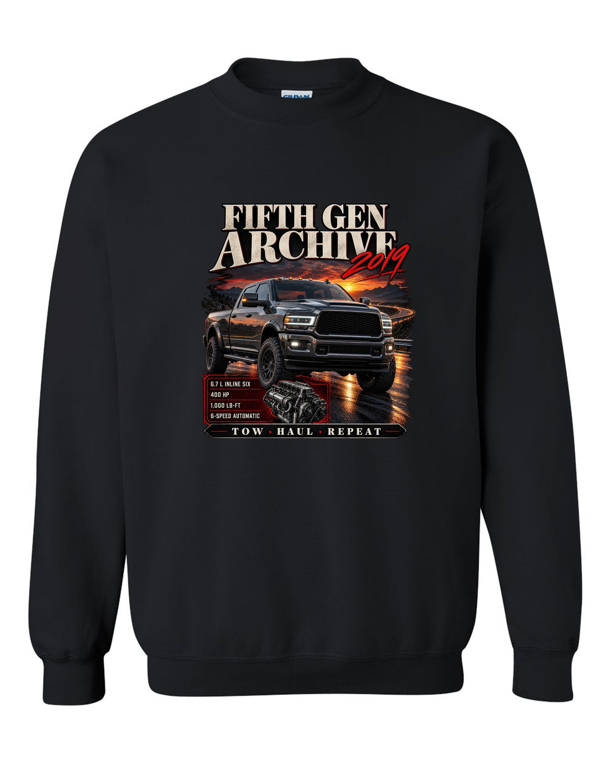 Archive panel print of a 2019 Ram HD 2500 6.7 HO diesel pickup with torque figure black crewneck front view with the design