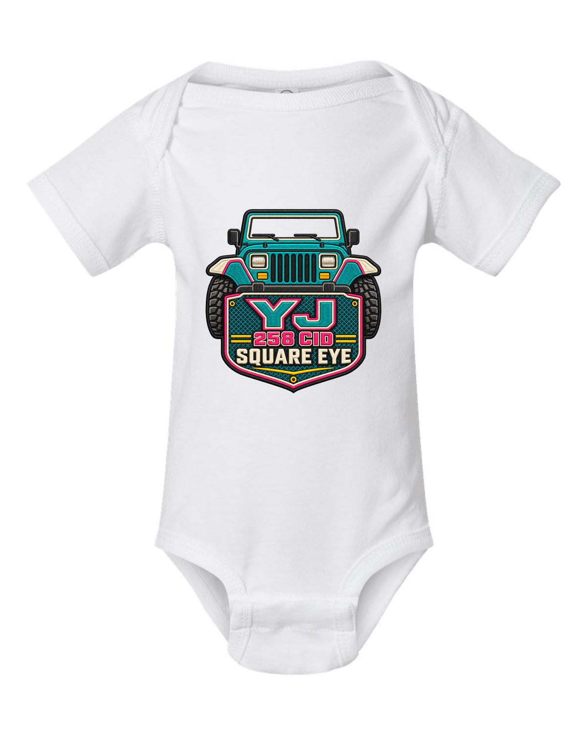 Embroidery-style varsity crest print of a Jeep Wrangler YJ with square eye text white baby onesie front view with the design