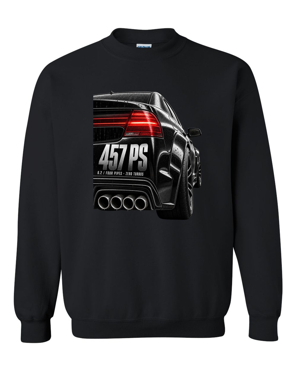 print taillight close-up of a Mercedes W204 C63 sedan with text 457 PS, 6.2, four pipes, zero turbos black crewneck front view with the design