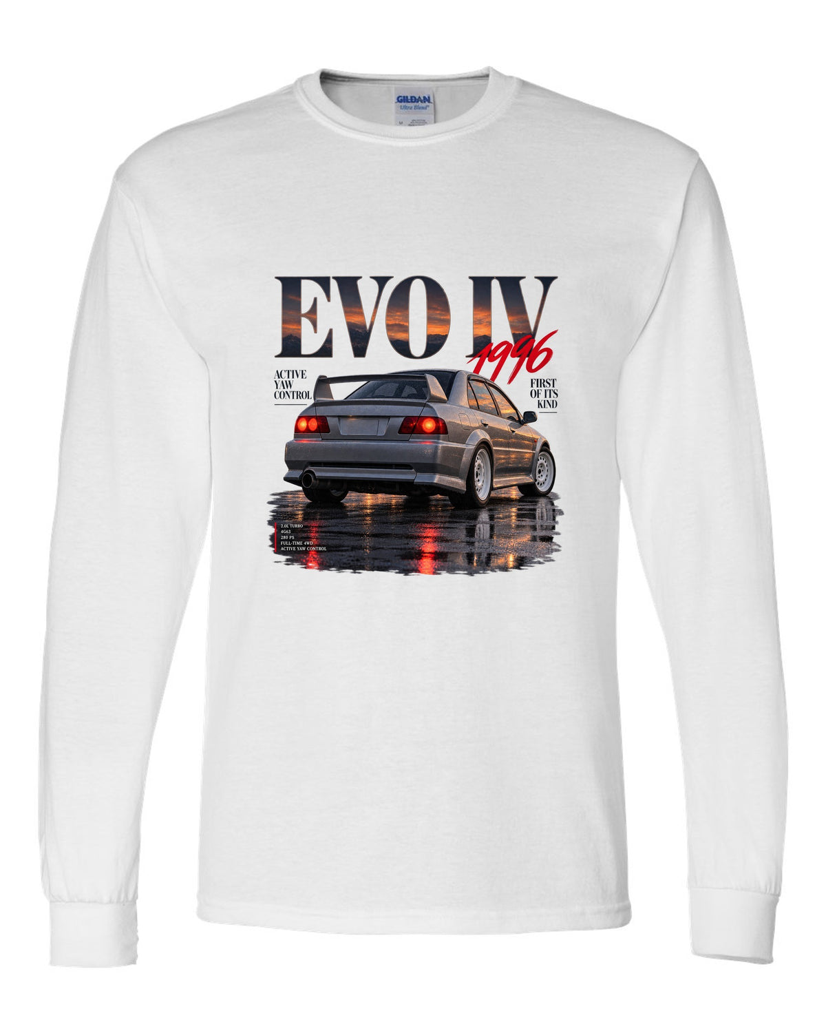 Editorial headline print for the Mitsubishi Lancer Evolution IV CN9A reading Active Yaw Control, first of its kind, 1996 white long sleeve front view with the design