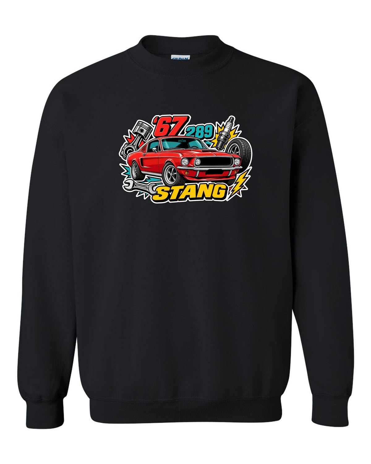 Sticker-bomb collage print of a 1967 Ford Mustang fastback black crewneck front view with the design