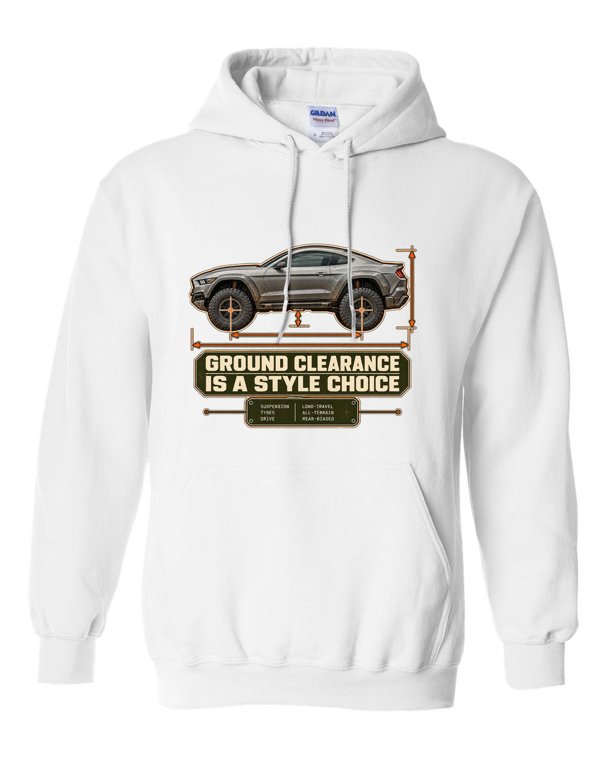 print of a Mustang Raptor concept dimension blueprint with ground clearance text white pull over hoodie front view with the design