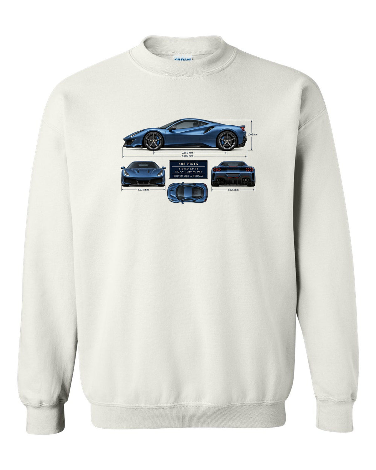 Blueprint print of the Ferrari 488 Pista in steel blue white crewneck front view with the design