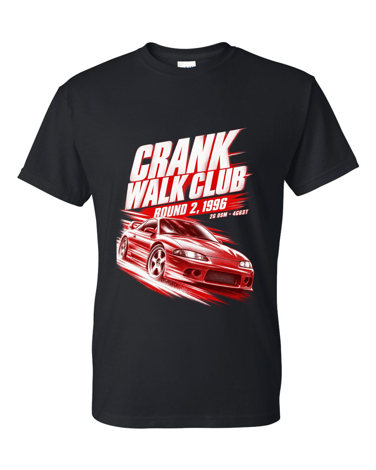 Mitsubishi Eclipse GSX 2G DSM race poster print with 4G63T and Crank Walk Club text black t-shirt front view with the design