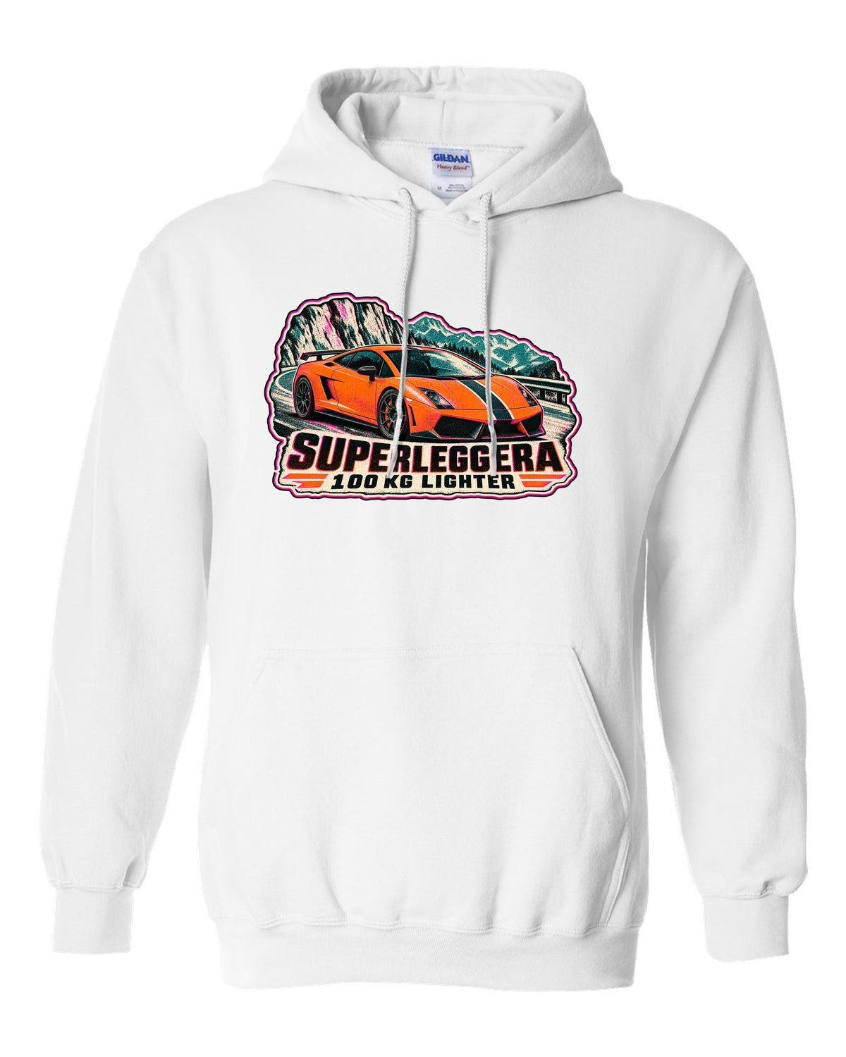 Risograph-style Lamborghini Gallardo Superleggera design with 100 KG lighter lettering white pull over hoodie front view with the design