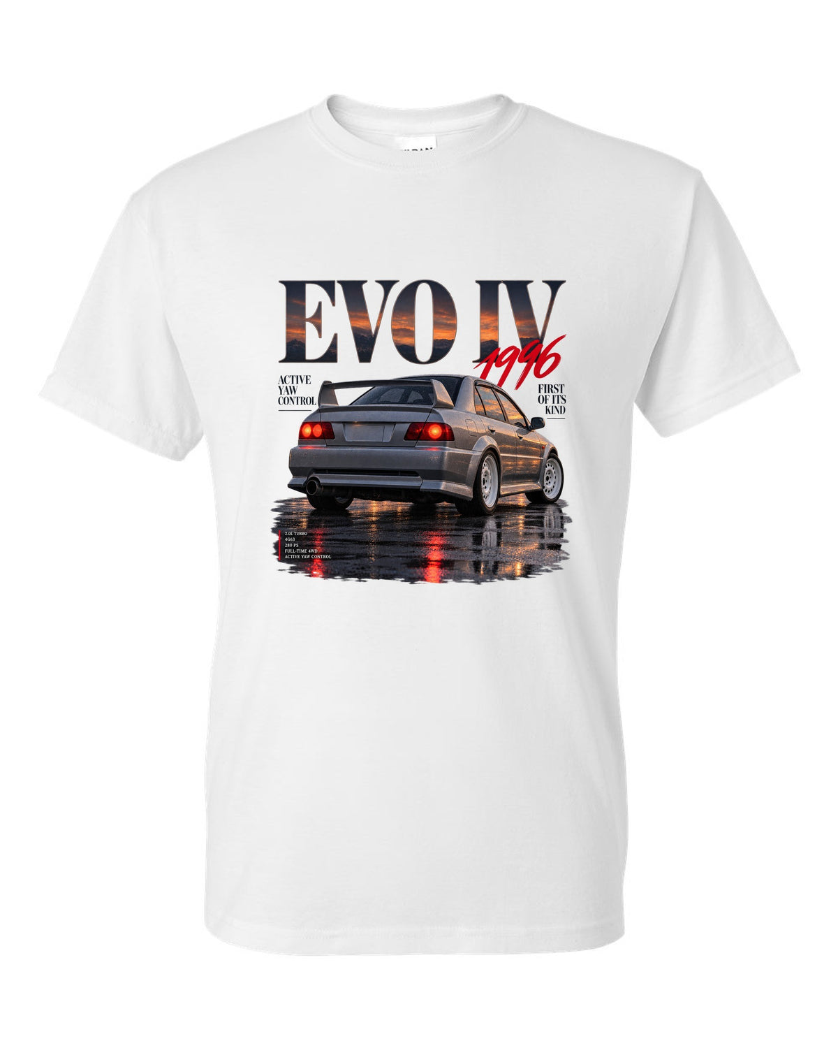 Editorial headline print for the Mitsubishi Lancer Evolution IV CN9A reading Active Yaw Control, first of its kind, 1996 white t-shirt front view with the design