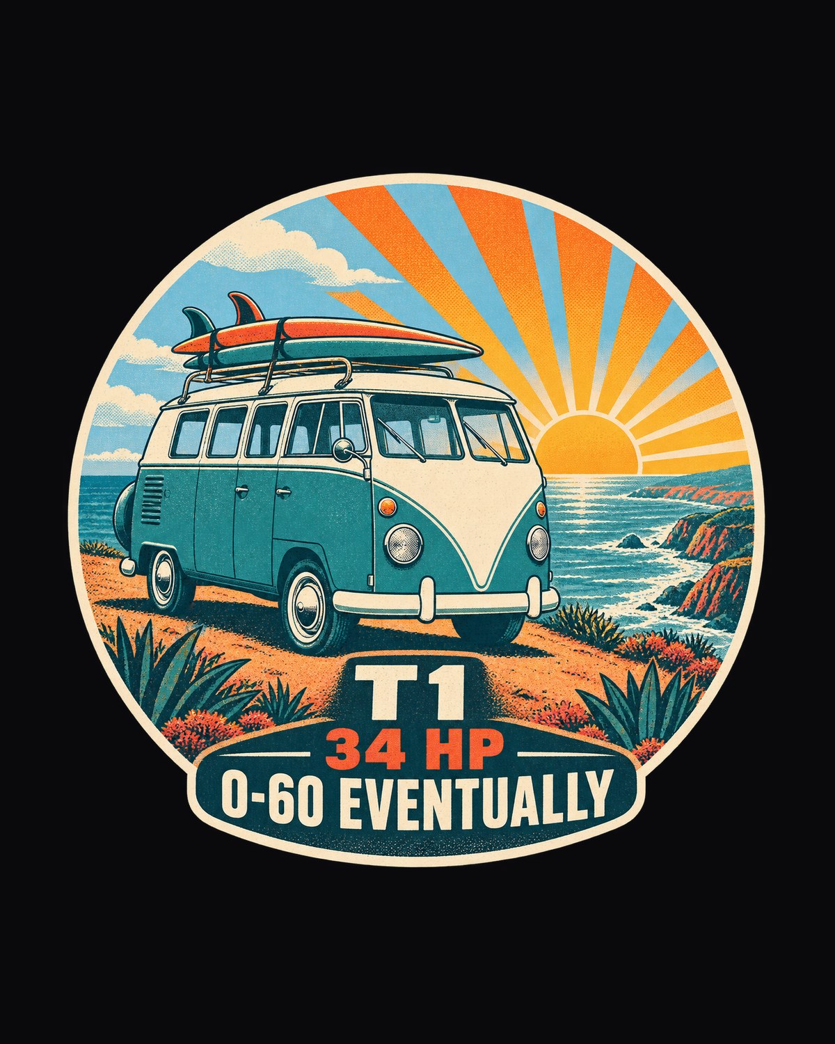 VW Bus T1 Split-Window 1962 Sunburst Shirt, 34 HP Joke Tee design only