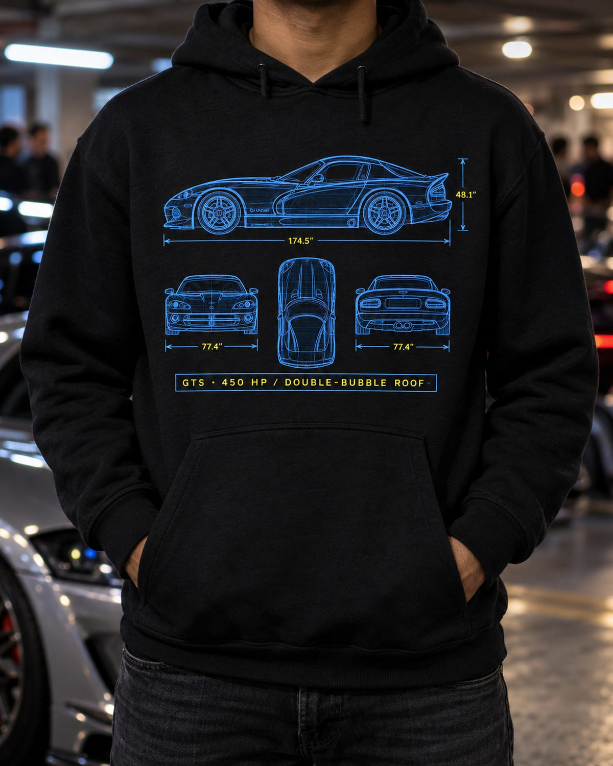 1996 Dodge Viper GTS SR II Cyanotype Blueprint Shirt Pull Over Hoodie Black worn hero