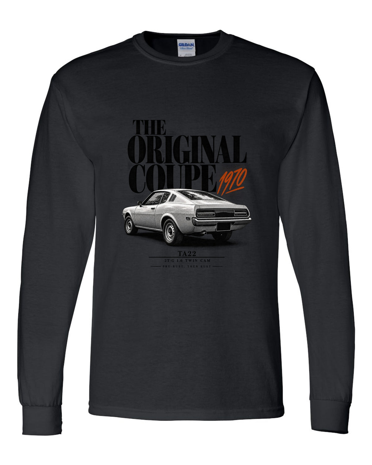Editorial headline print of a Toyota Celica TA22 coupe with 2T-G 1.6 twin cam text black long sleeve front view with the design