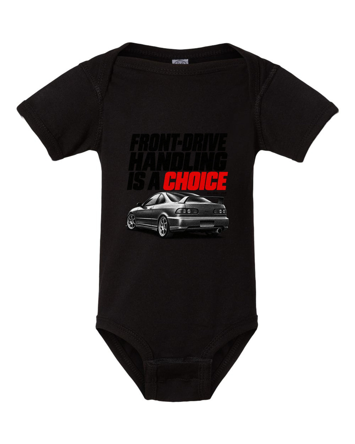 Honda Integra DC2 coupe halftone design with front-drive handling is a choice text black baby onesie front view with the design