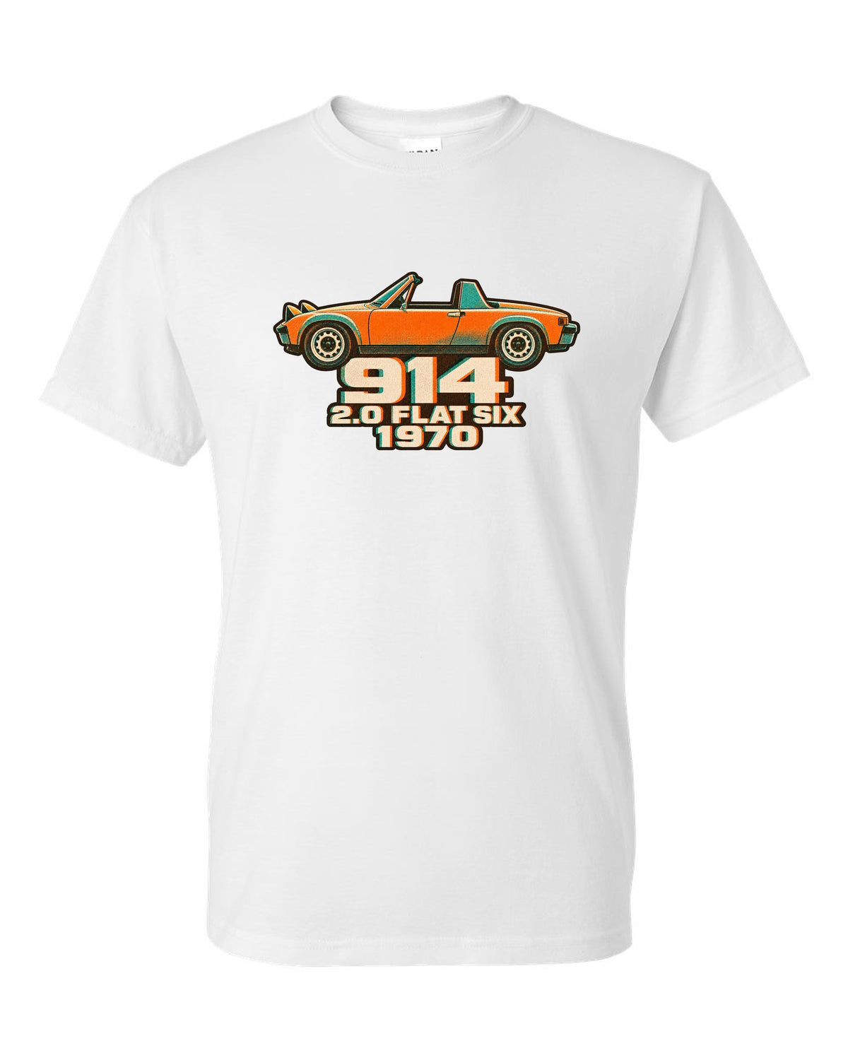 Porsche 914/6 risograph two-colour design with 2.0 flat six lettering white t-shirt front view with the design