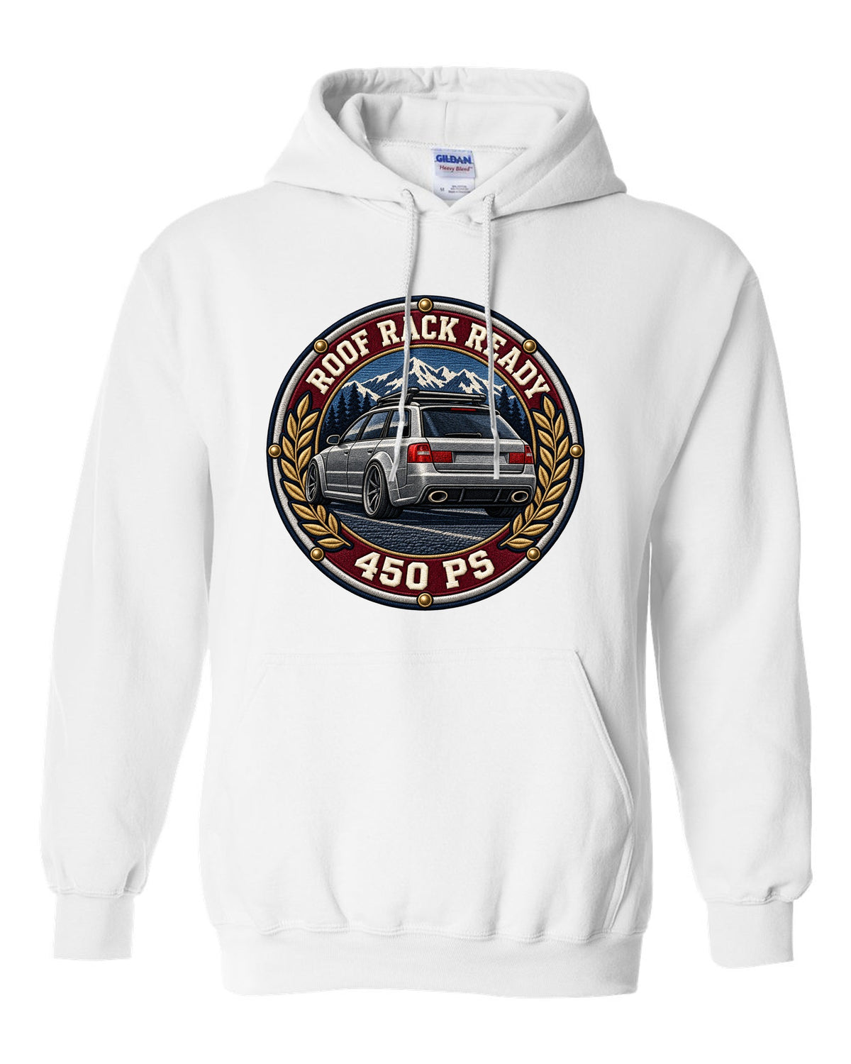 Varsity crest style print of a flared Audi RS6 Avant C5 with Roof Rack Ready text white pull over hoodie front view with the design