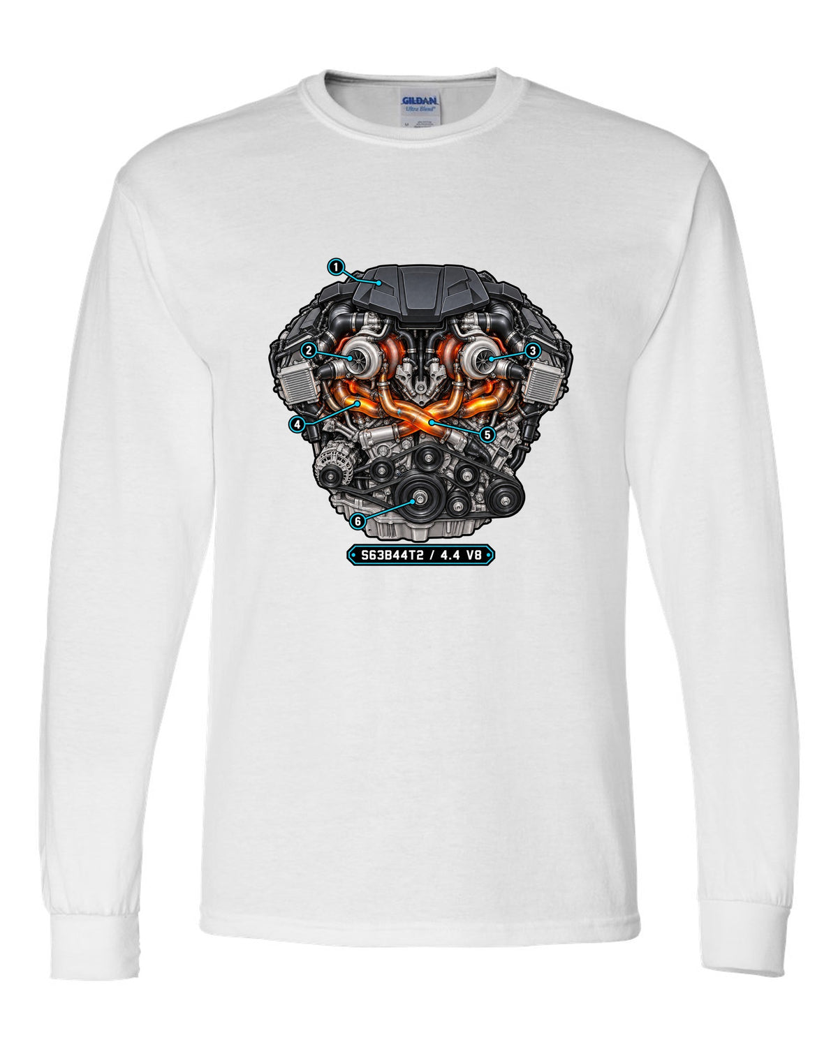 Exploded cutaway engine print of the BMW S63 4.4 V8 from the X5 M F85 white long sleeve front view with the design