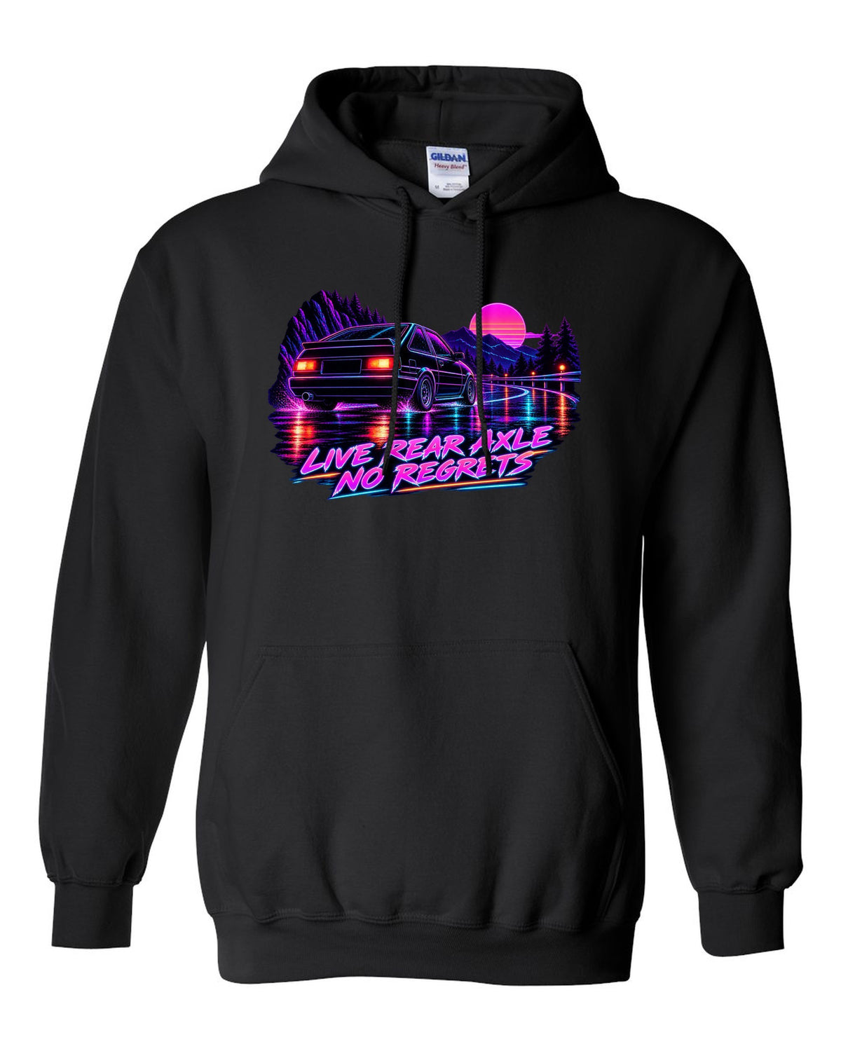 Neon synthwave line art print of a Toyota Corolla Levin AE86 with Live Rear Axle lettering black pull over hoodie front view with the design