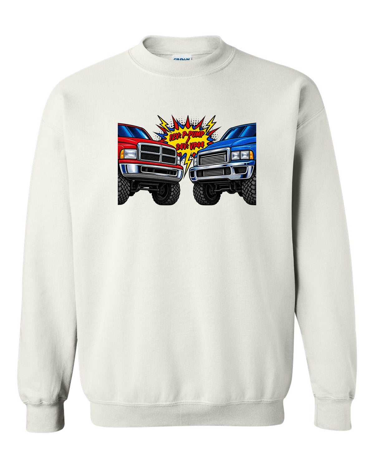 Comic halftone print comparing the 12V P-pump and 24V VP44 Cummins in a Ram 2500 white crewneck front view with the design