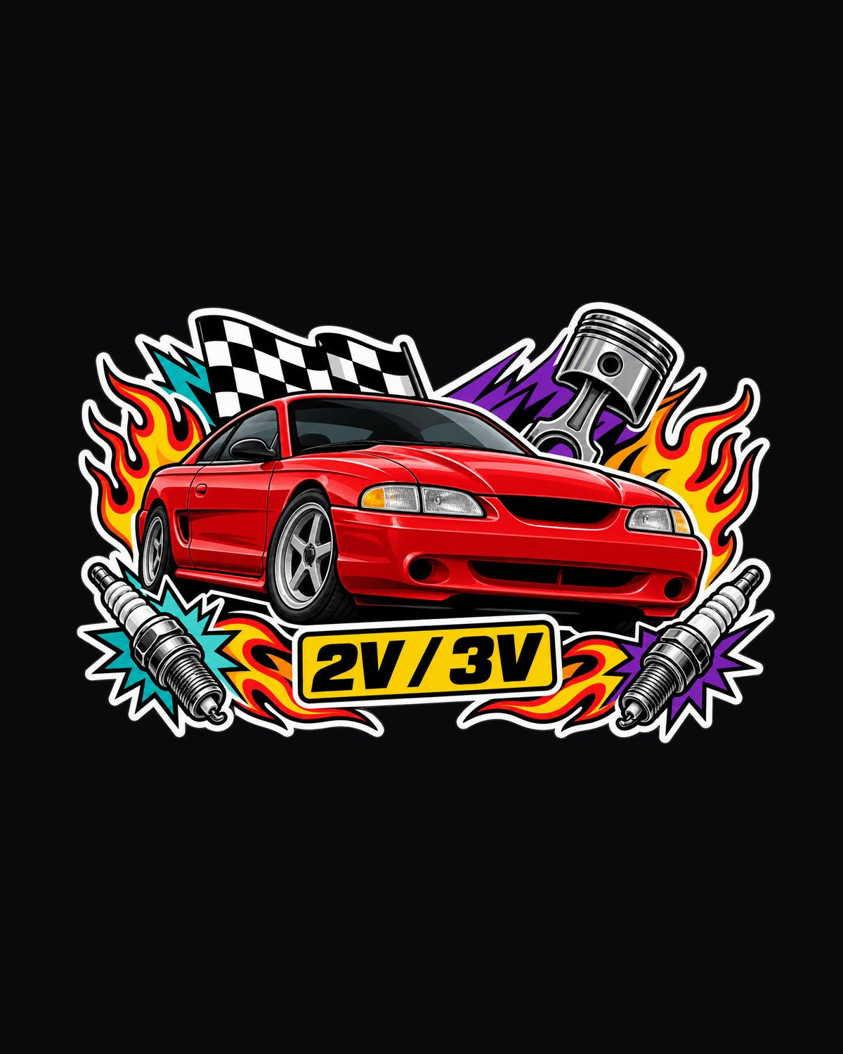 SN95 Mustang Coupe Sticker Bomb Shirt, 2V 3V Engine Debate design only