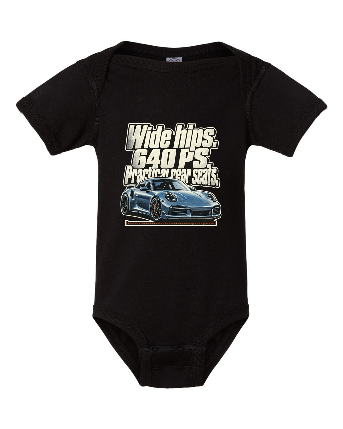 Halftone print of a Porsche 911 Turbo S 992 coupe with a three-line statement black baby onesie front view with the design