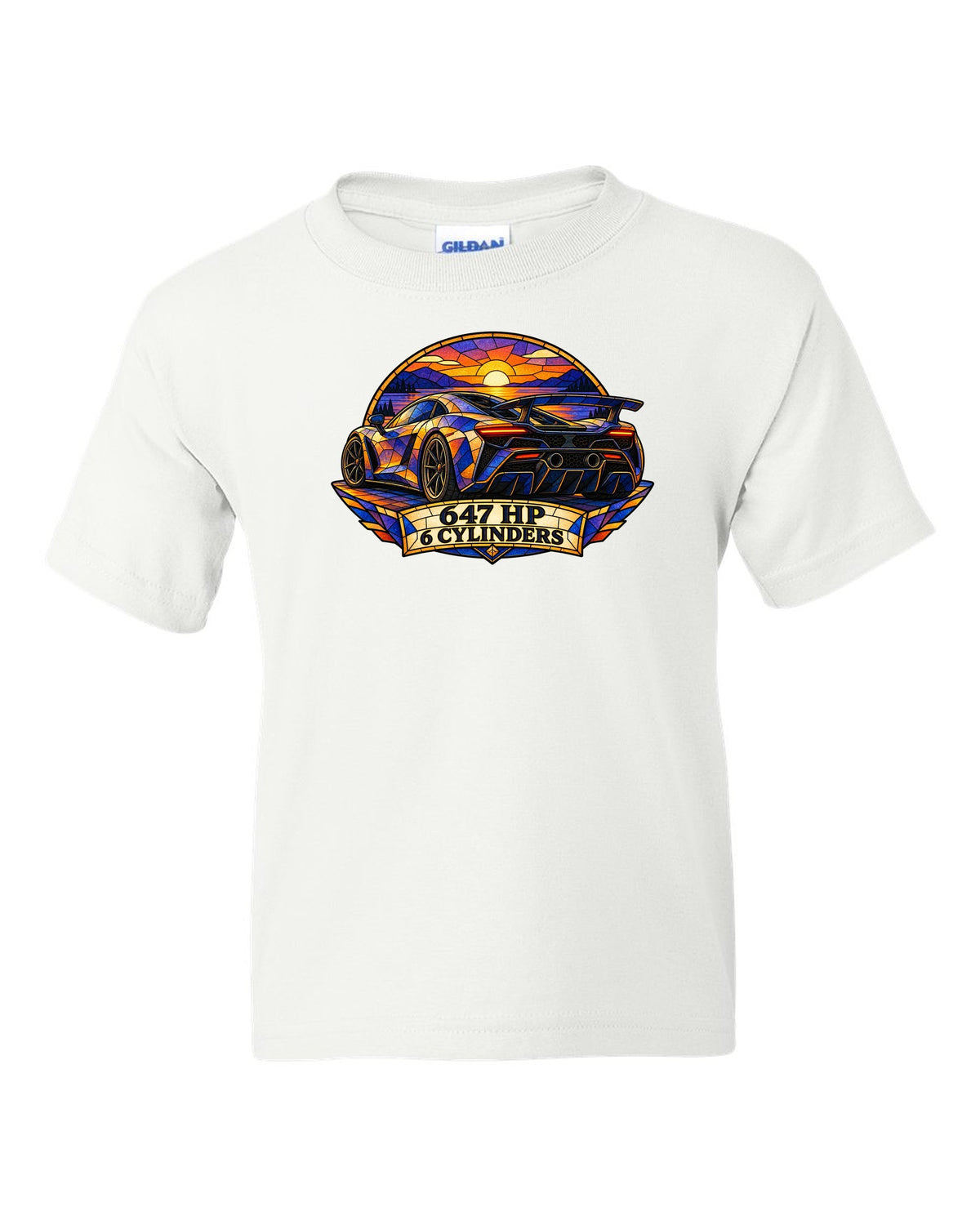 Ford GT 2017-2022 buttress profile in a stained-glass geometric print white kids tee front view with the design
