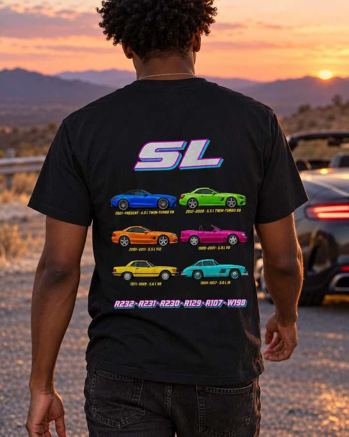 Mercedes SL Evolution Poster Full-Back Graphic Tee T-Shirt Black worn hero