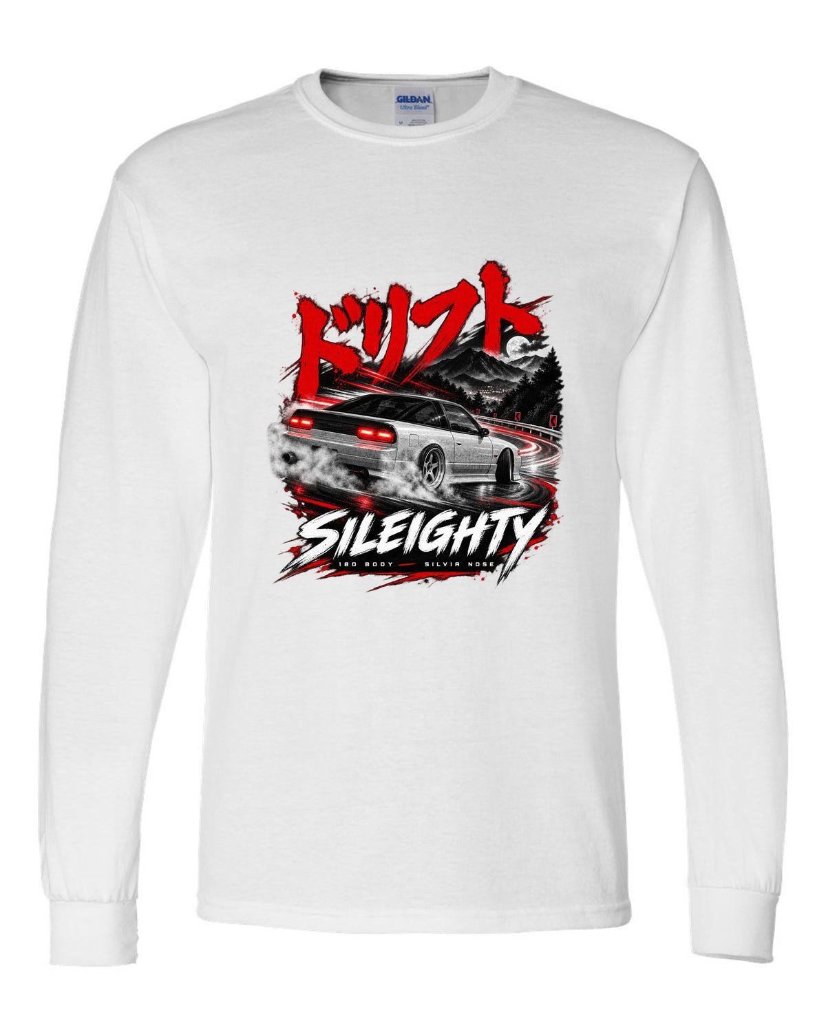 Touge night print of a Nissan Sileighty, 180SX body with Silvia nose white long sleeve front view with the design
