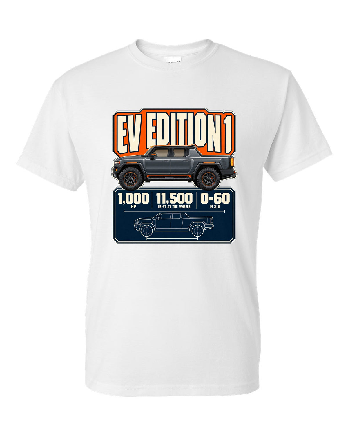 Spec poster print of the Hummer EV Edition 1 with horsepower and torque figures white t-shirt front view with the design