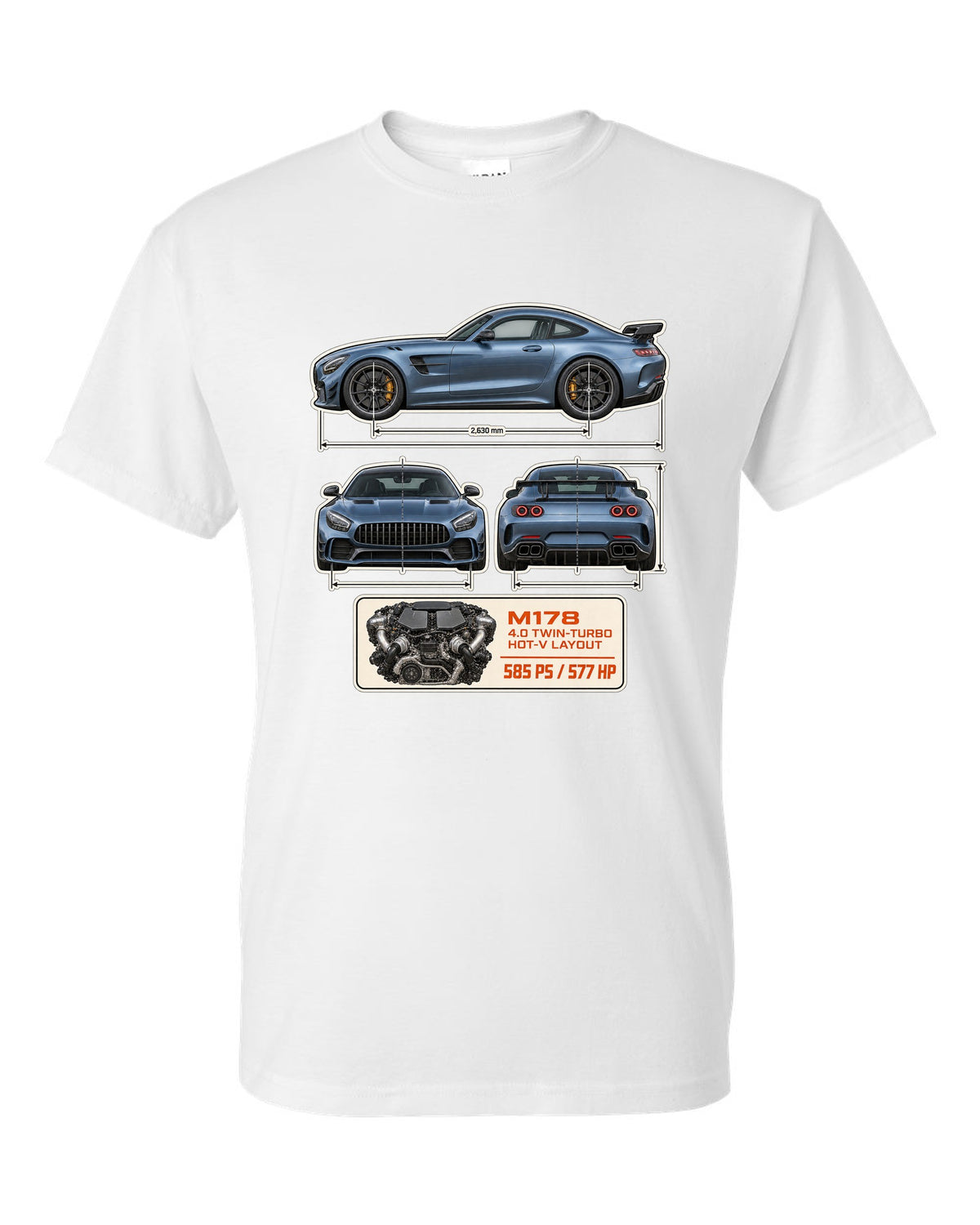 Mercedes-AMG GT R C190 dimension blueprint print white t-shirt front view with the design