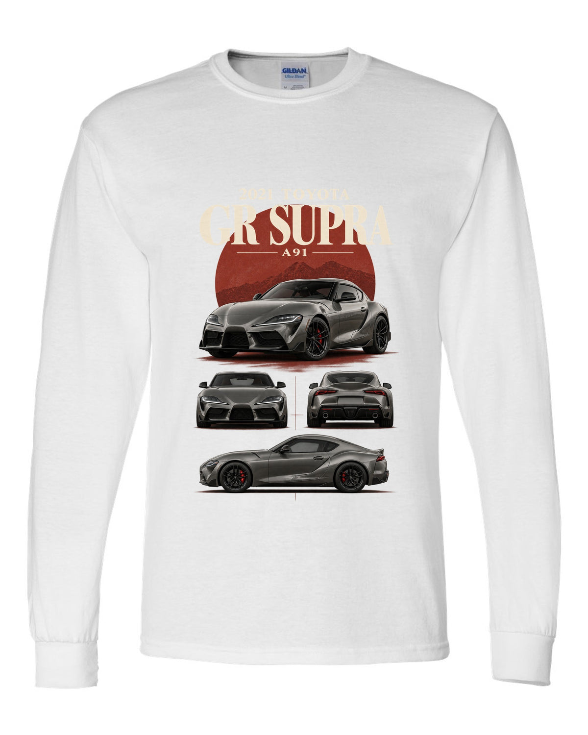 Graphite halftone front three-quarter of the Toyota GR Supra A90 with Made in Graz text white long sleeve front view with the design