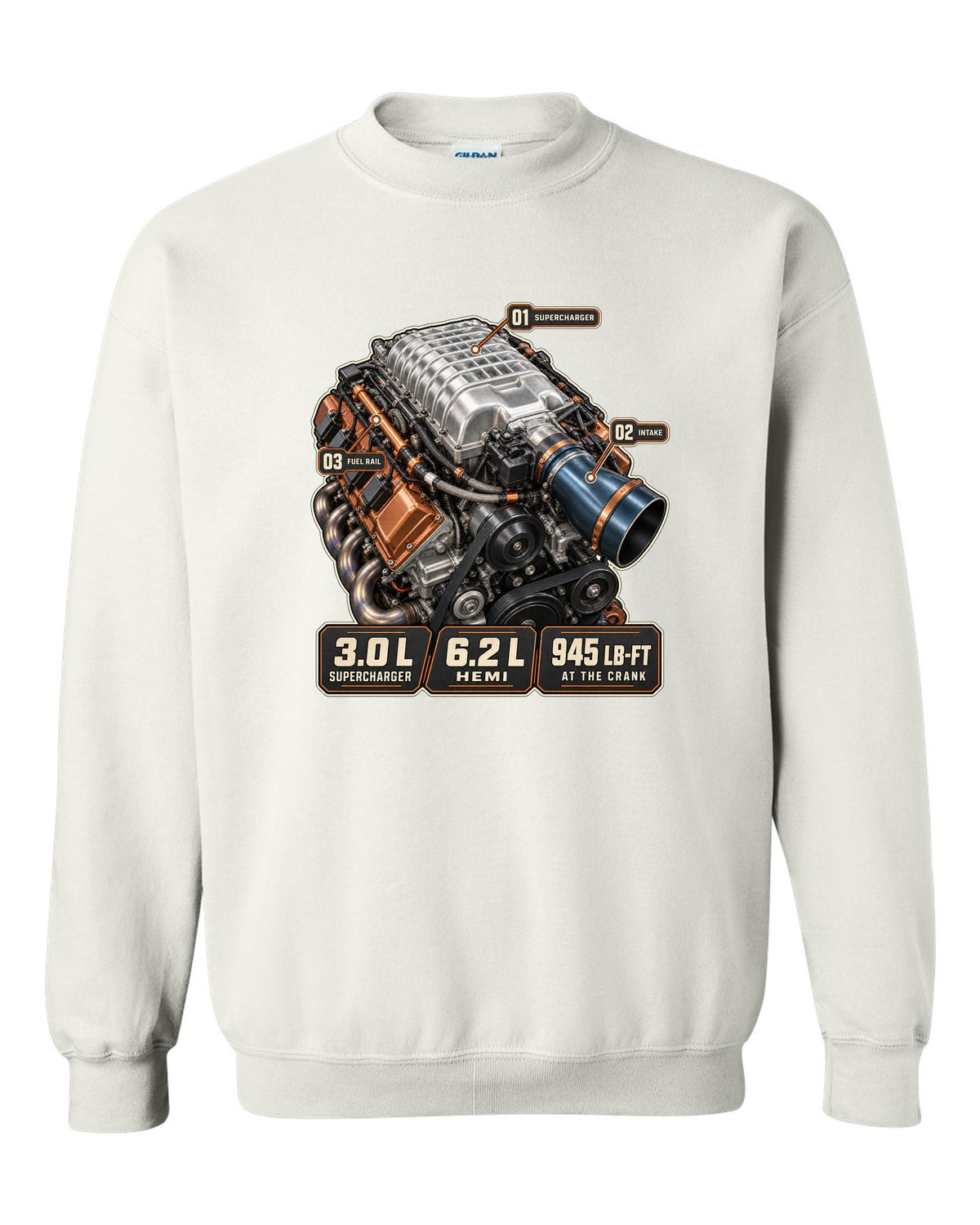 Dodge Challenger SRT Demon 170 supercharged Hemi engine hero print white crewneck front view with the design
