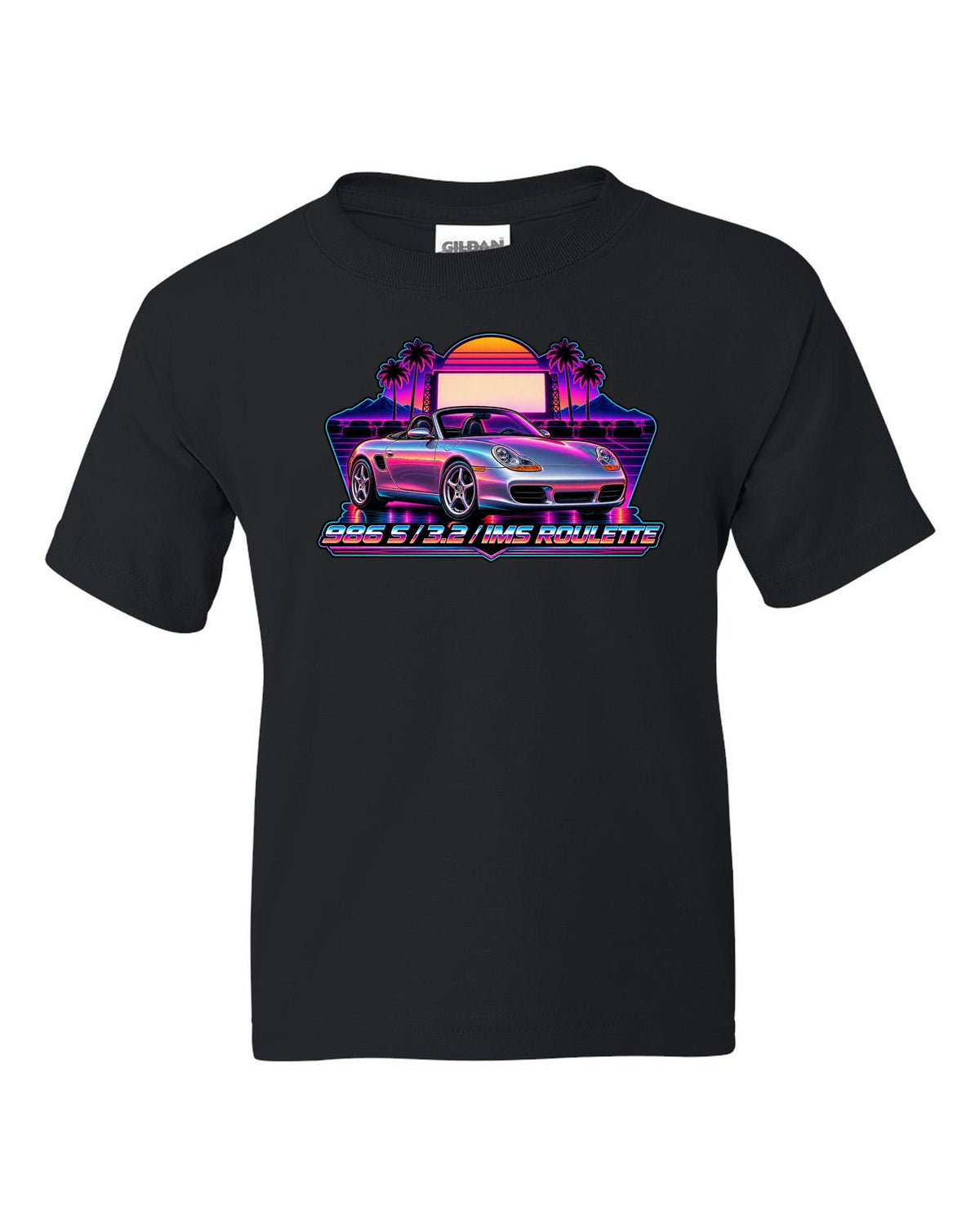 Porsche 986 Boxster S synthwave outrun design with IMS roulette lettering black kids tee front view with the design