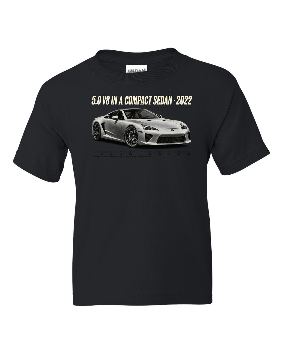 Cockpit and gauge cluster print of the Lexus LC 500 black kids tee front view with the design
