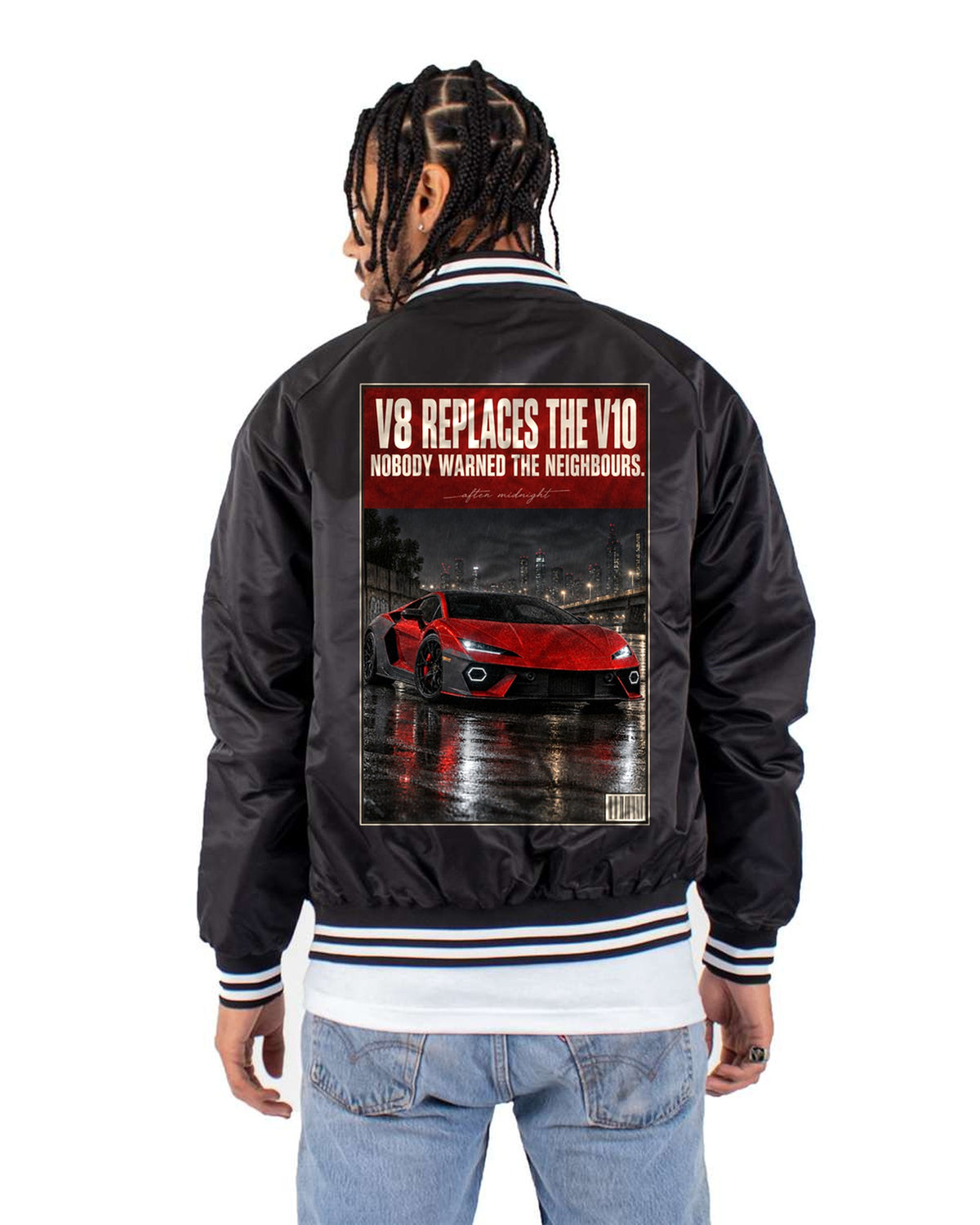Lamborghini Temerario Night Street Tee, V8 Replaces V10 Bomber Jacket Black back
