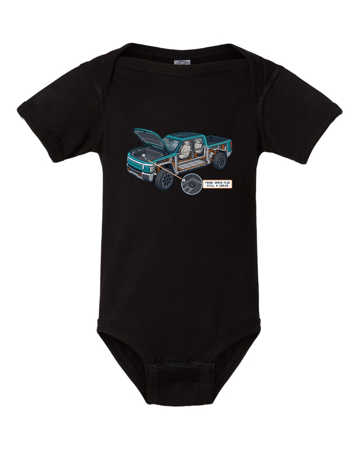 Ford F-150 Lightning isometric cutaway print showing the frunk drain plug black baby onesie front view with the design