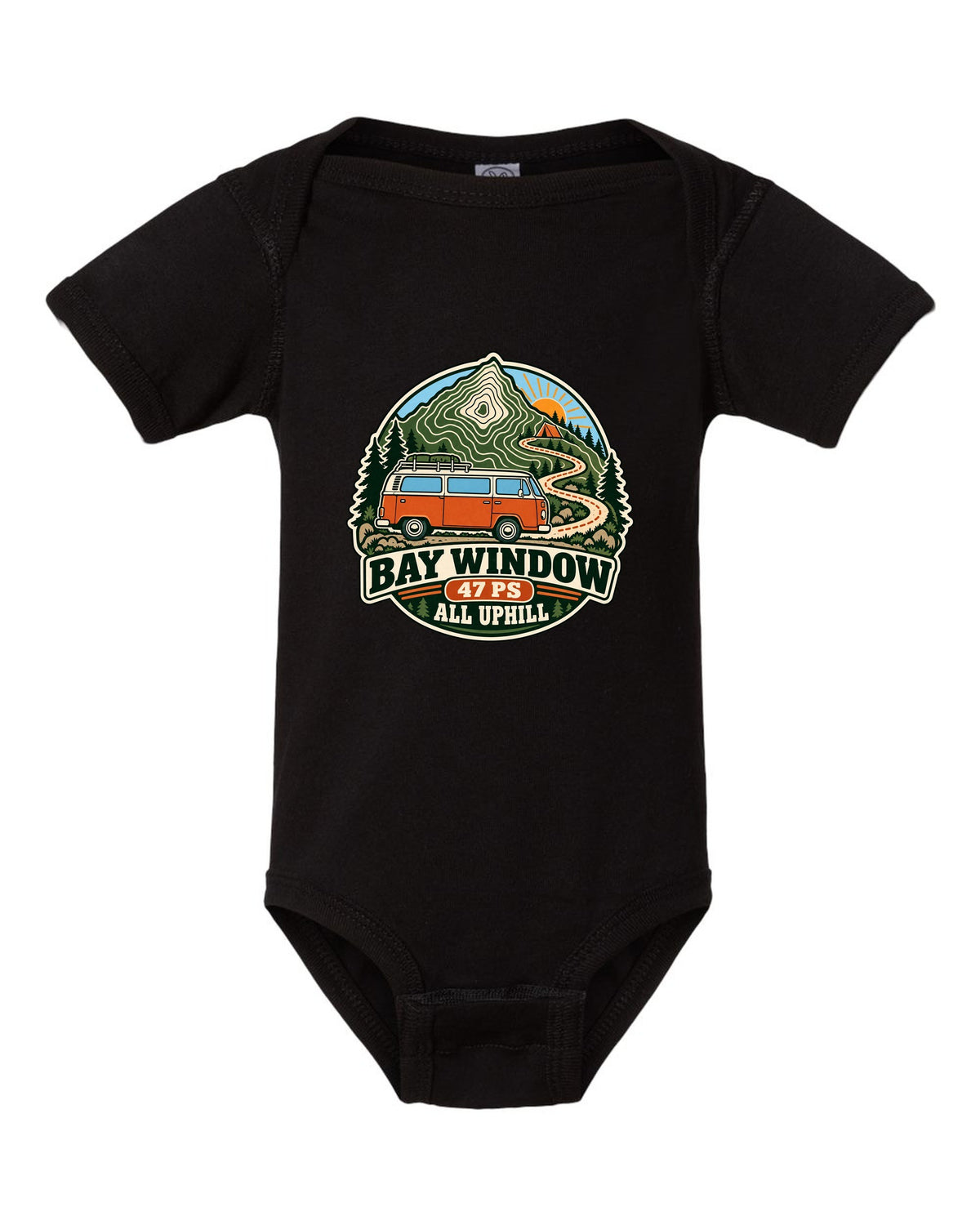 Topographic route map style print of a VW Bus T2 Bay Window with 47 PS all uphill text black baby onesie front view with the design