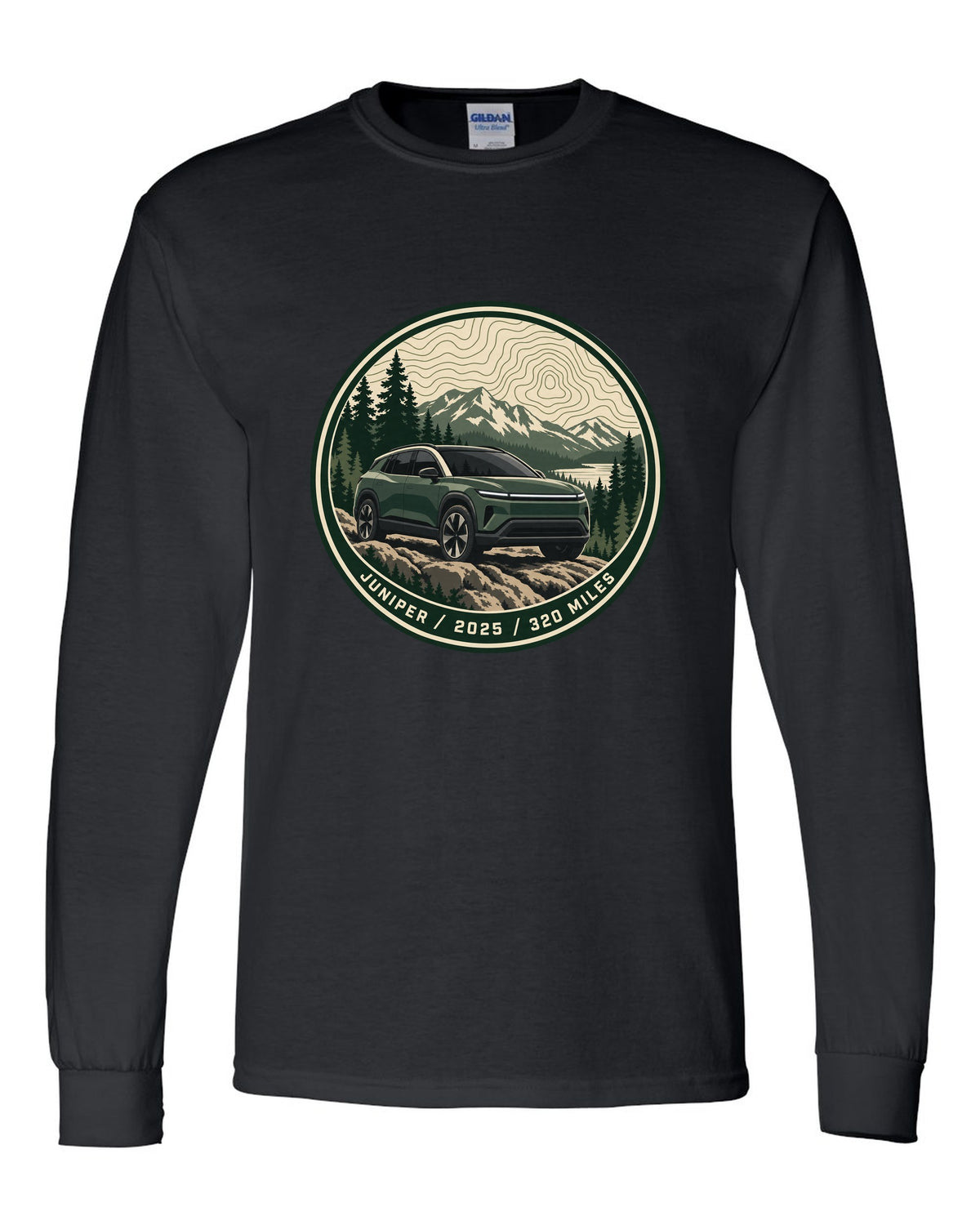 Topographic contour map trail badge print for a Tesla Model Y Juniper reading Juniper 2025 320 Miles black long sleeve front view with the design