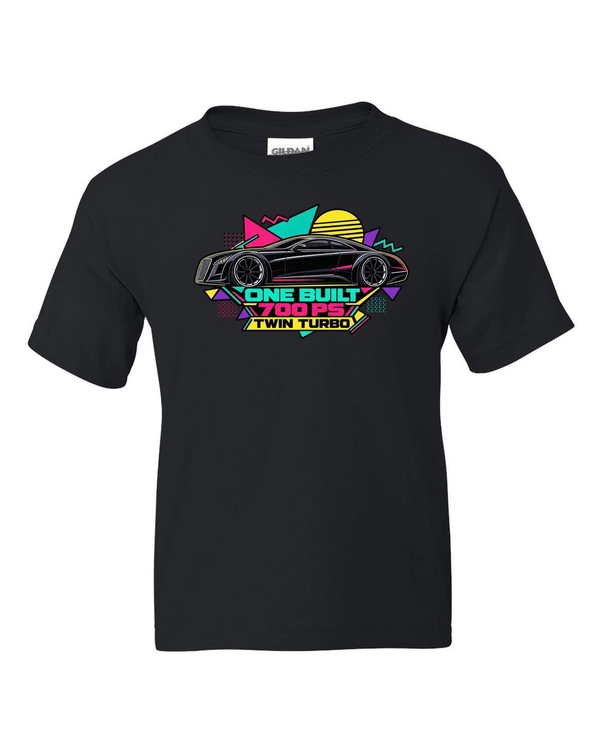Retro Memphis style vector illustration of the one-off Maybach Exelero with One Built 700 PS Twin Turbo text black kids tee front view with the design