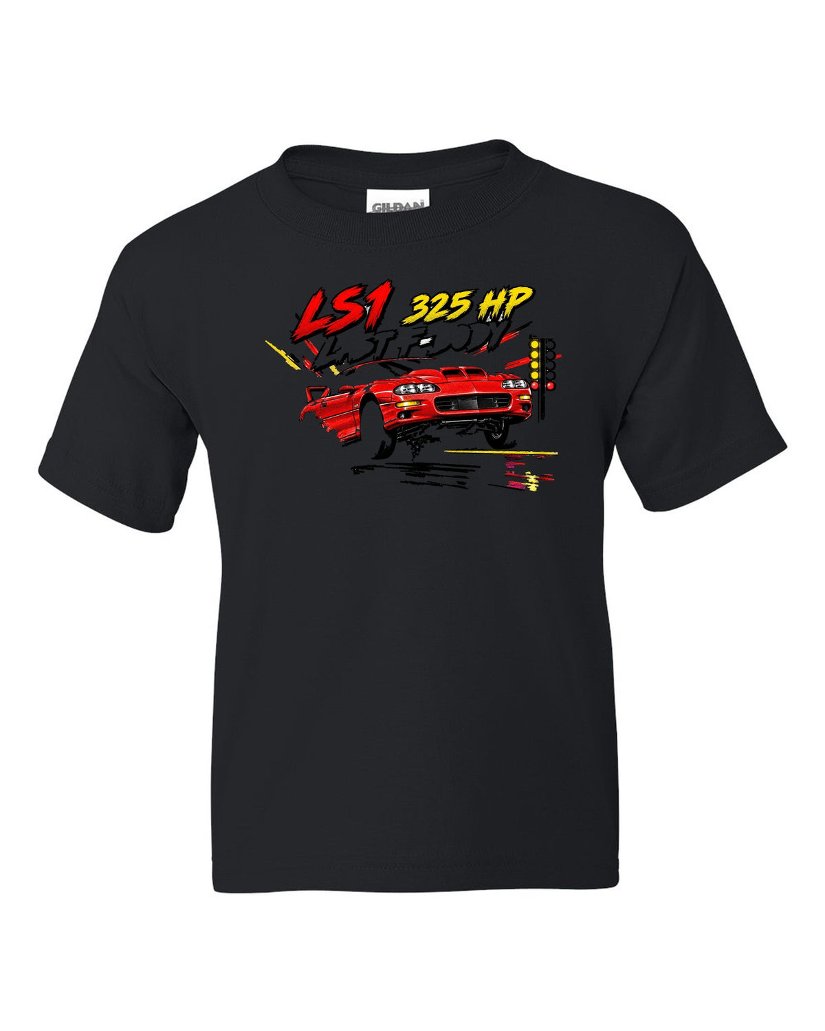 2002 Chevrolet Camaro SS LS1 retro manga halftone panel print black kids tee front view with the design