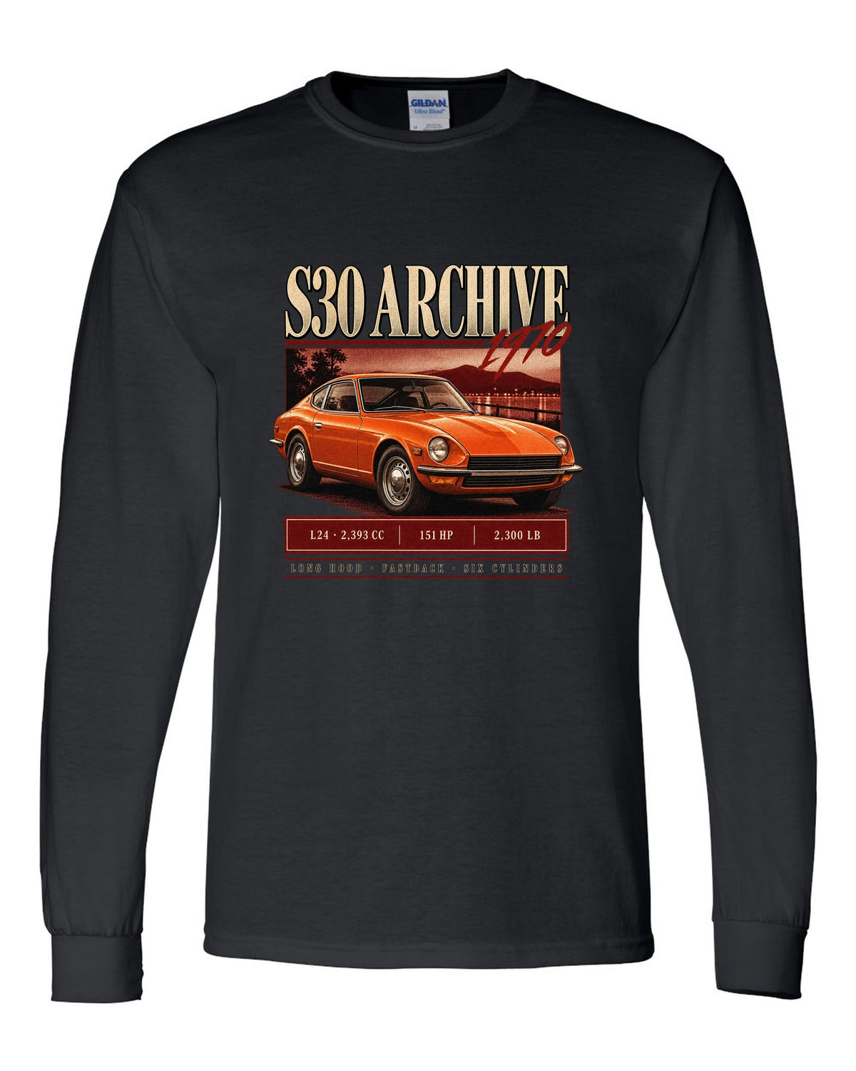 Archive panel print of a 1970 Datsun 240Z S30 with L24 engine figures black long sleeve front view with the design