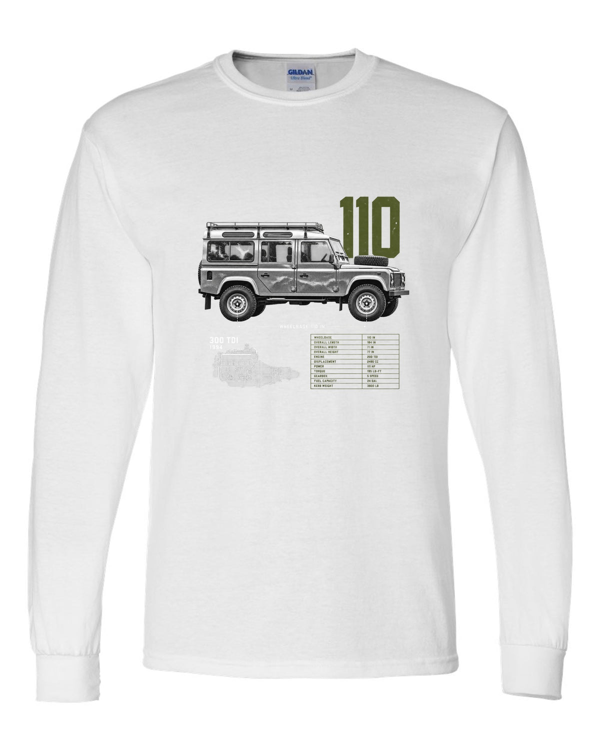 Land Rover Defender 110 spec poster print with 300 Tdi 1994 text white long sleeve front view with the design