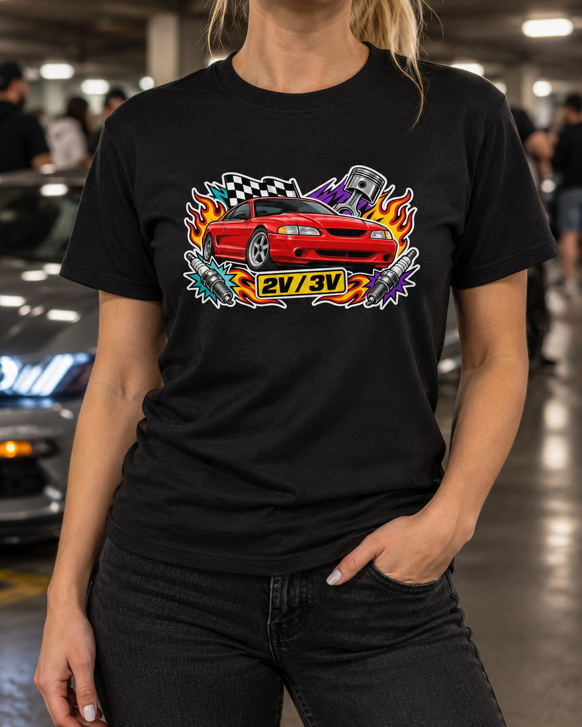 SN95 Mustang Coupe Sticker Bomb Shirt, 2V 3V Engine Debate T-Shirt Black worn hero