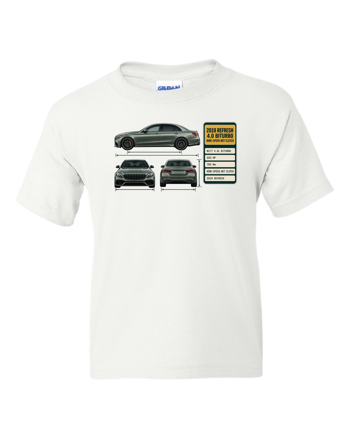 Spec poster print of a Mercedes-AMG C63 S W205 facelift sedan white kids tee front view with the design