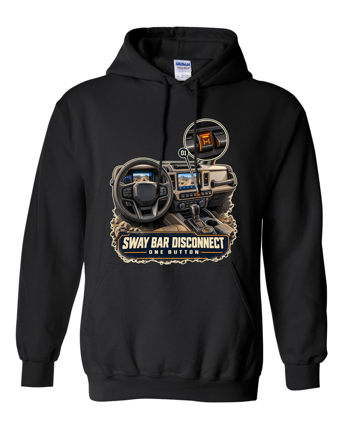 Ford Bronco Badlands dash with sway bar disconnect switch print black pull over hoodie front view with the design