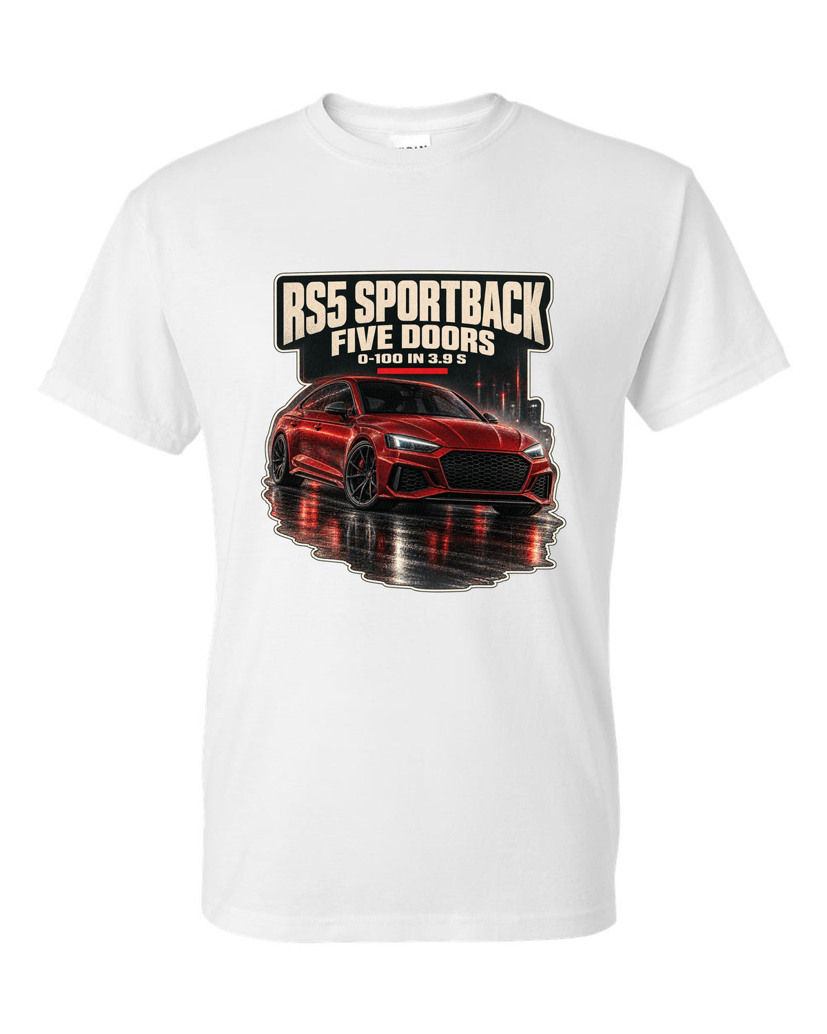 Night street scene of an Audi RS5 Sportback B9 facelift white t-shirt front view with the design