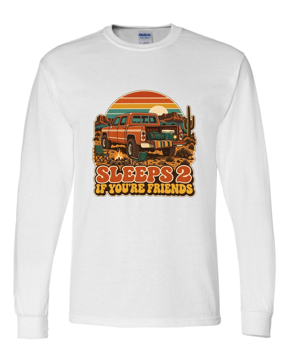 Jeep Gladiator JT retro 70s outdoors poster with sunset stripes and sleeps 2 text white long sleeve front view with the design