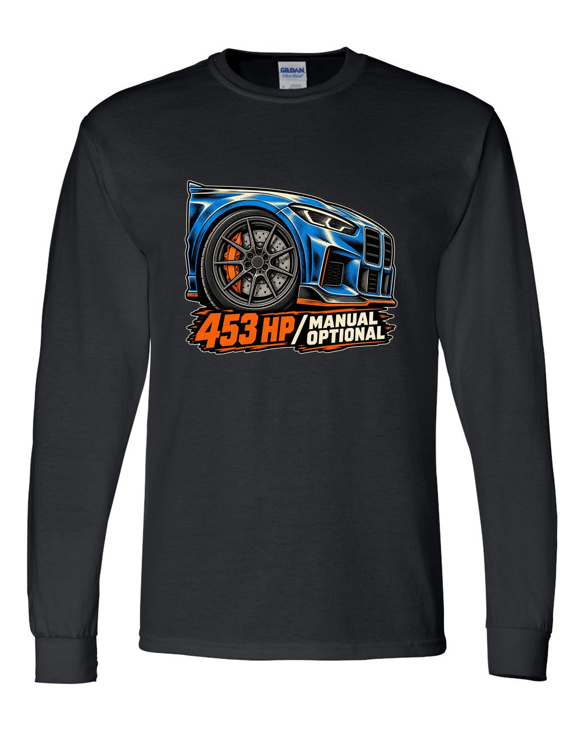 Embroidery-style shield crest print of a BMW M2 F87 with chargepipe fund text black long sleeve front view with the design