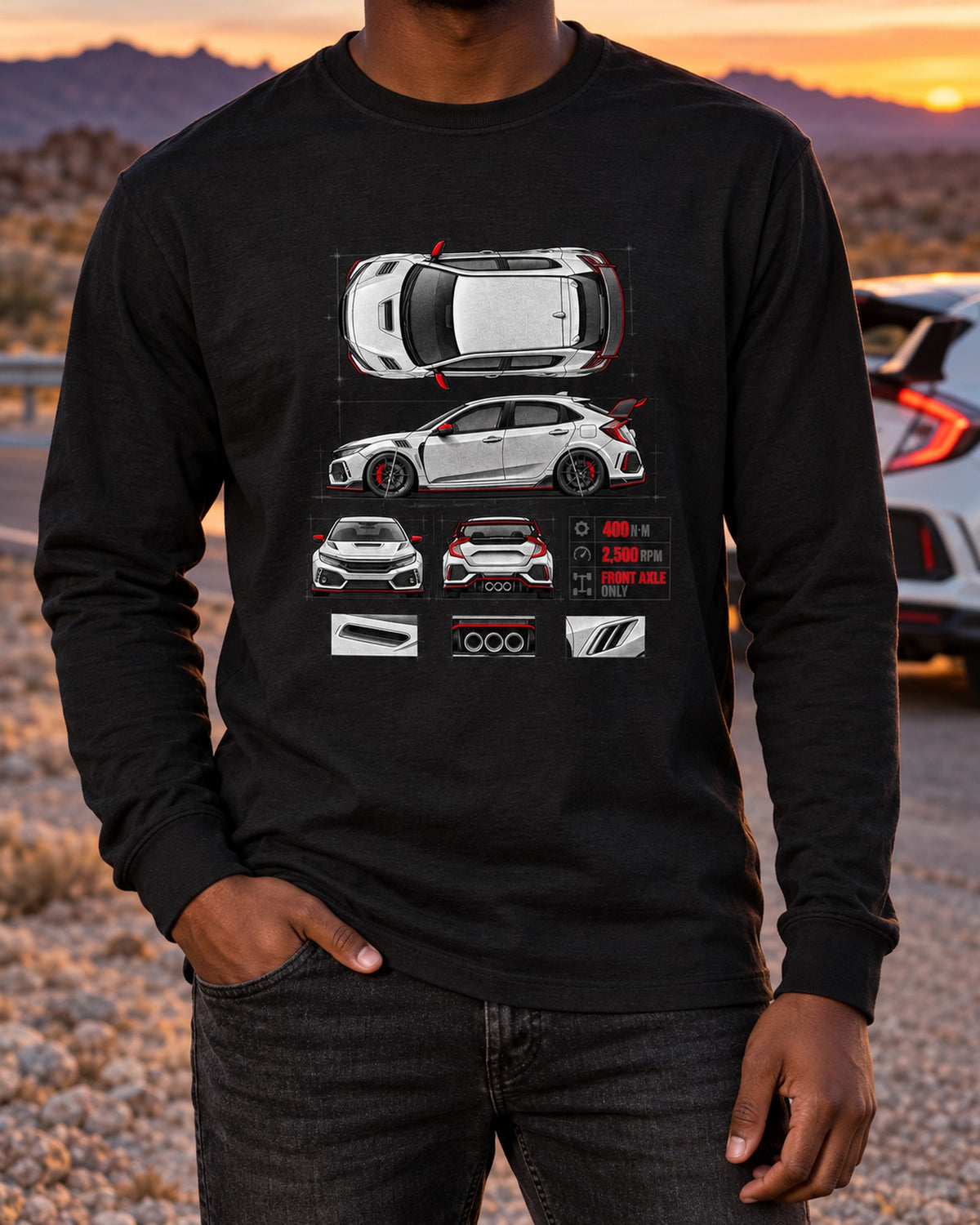 Honda Civic FK8 Type R Three Pipes Spec Poster Shirt, 2018 Long Sleeve Black worn hero