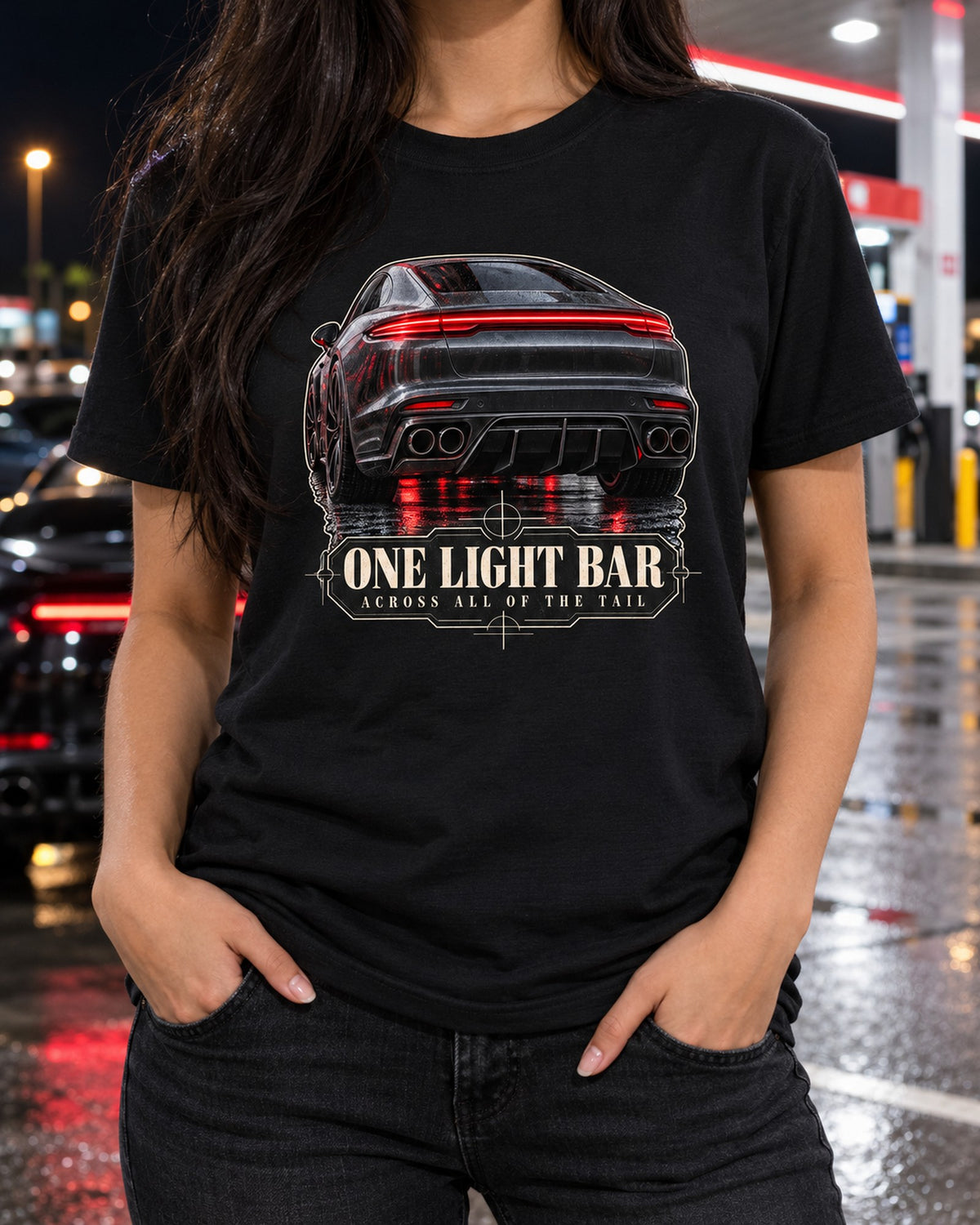 Porsche Panamera Turbo S E-Hybrid G3 Taillight Bar Detail Tee T-Shirt Black worn hero