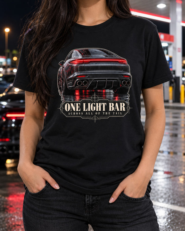 Porsche Panamera Turbo S E-Hybrid G3 Taillight Bar Detail Tee T-Shirt Black worn hero