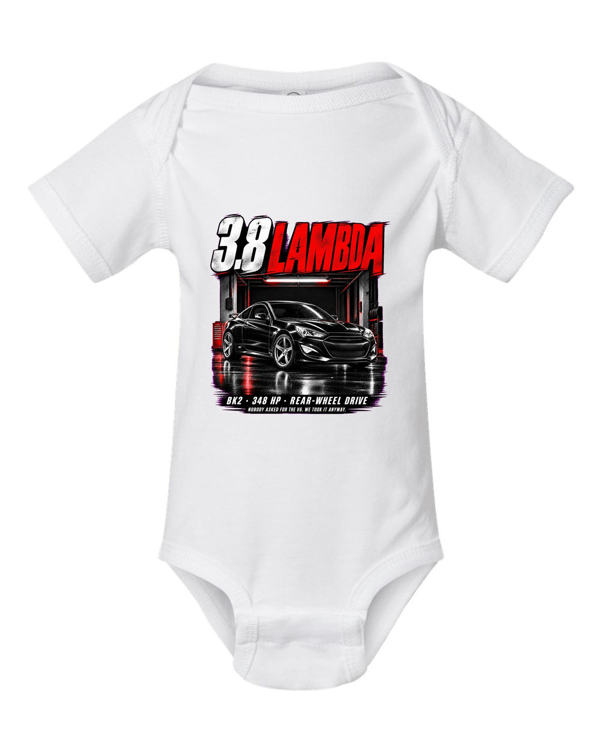 Hyundai Genesis Coupe BK2 3.8 Track in a garage at night with spec text white baby onesie front view with the design