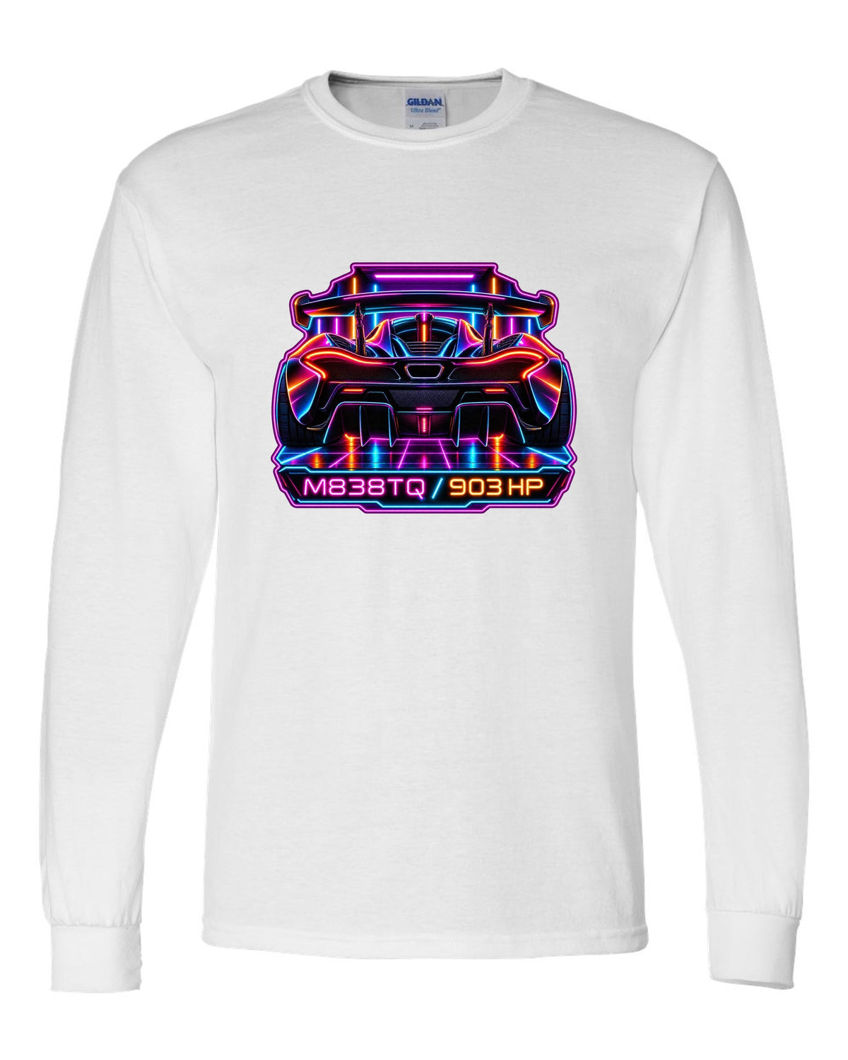 Synthwave neon print of the McLaren P1 with M838TQ and 903 HP lettering white long sleeve front view with the design